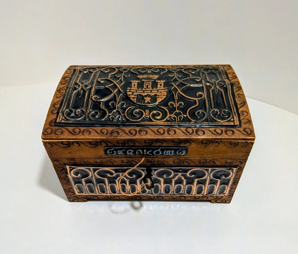 Vintage Kraków Wooden Box Castle Motif Metal Inlay Souvenir with Matching Key
